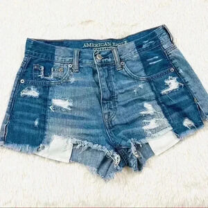 American Eagle Highrise Festival Patchwork Distressed Frayed Denim Short Size 2